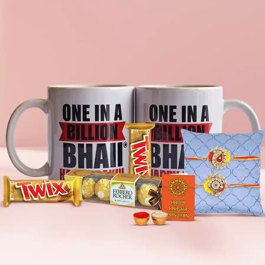 Suave Zardosi Rakhi Lumba set with Bhaiya Bhabhi coffee mugs, Ferrero Rocher and Twix chocolates, Roli, Chawal, and personalized Rakhi card.