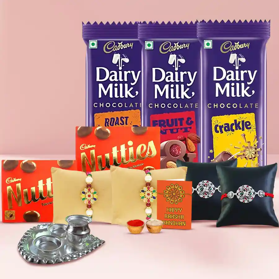 Charming Stone Rakhi Set with Paan Shape Thali and Assorted Chocolates in a Gift Box