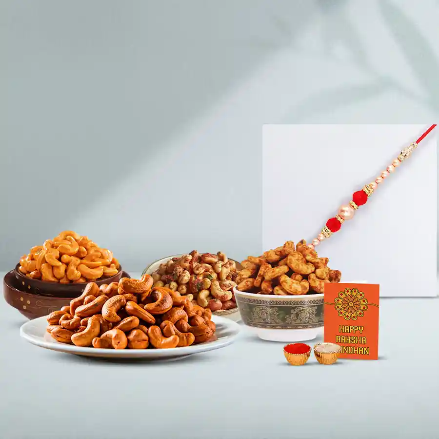 Gorgeous pearl rakhi with assorted flavored cashews in a stylish box