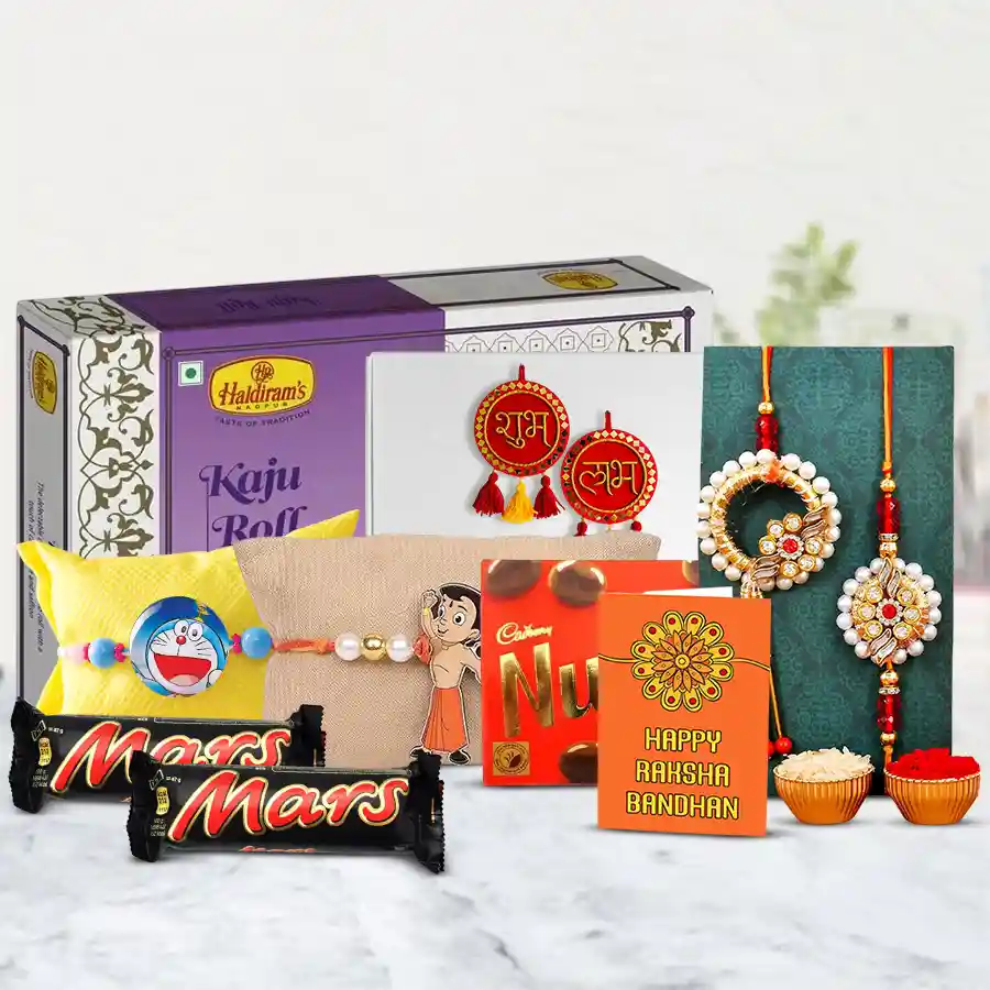 Lavish Family Rakhi Set with designer rakhis, Haldiram sweets, imported chocolates, and puja decorations