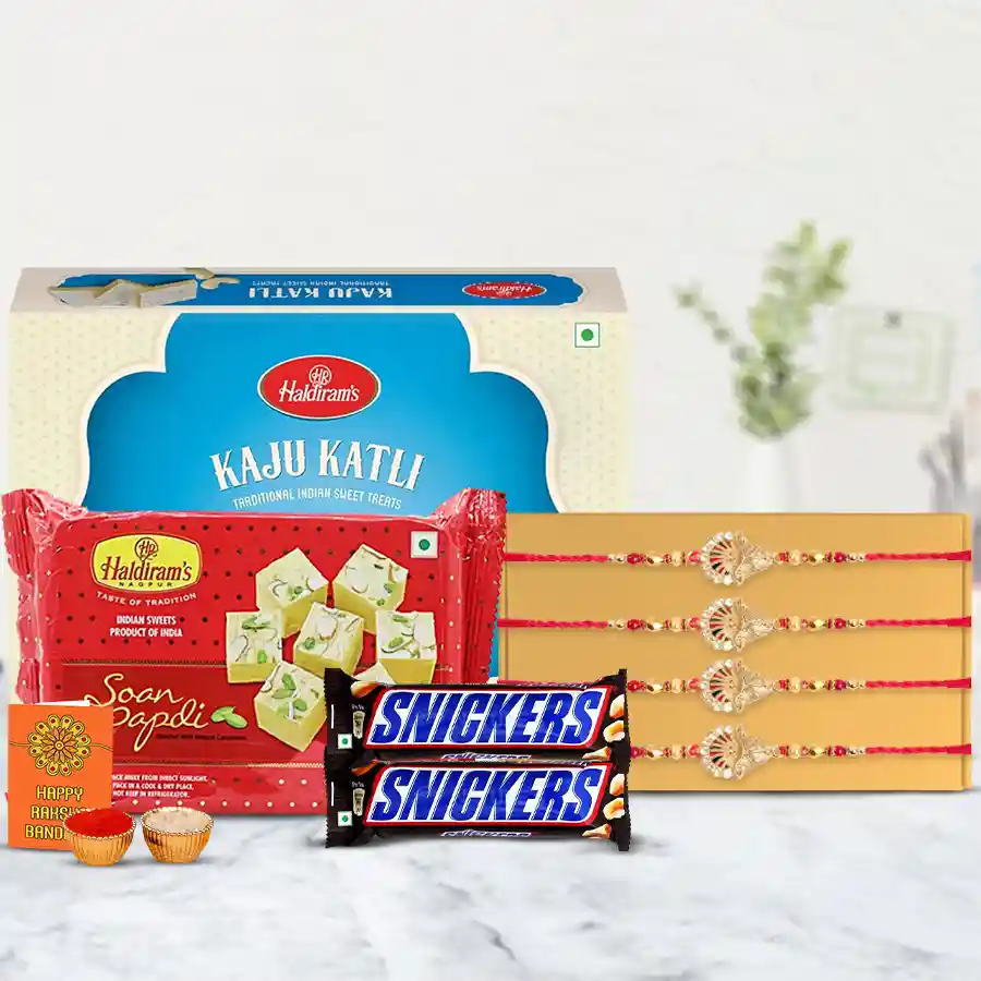 Finest Stone Rakhi Gift Pack with Rakhis, Haldiram sweets, imported chocolates, and Rakhi message card