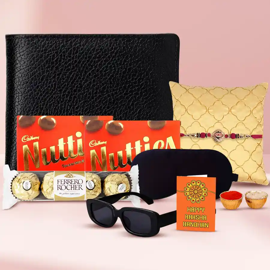 Rakhi Envelop Goodies Hamper featuring Ferrero Rocher, Cadbury Nutties, sunglasses, eye mask, leather wallet, Rakhi, card, Roli, Tika, and Chawal arranged beautifully.