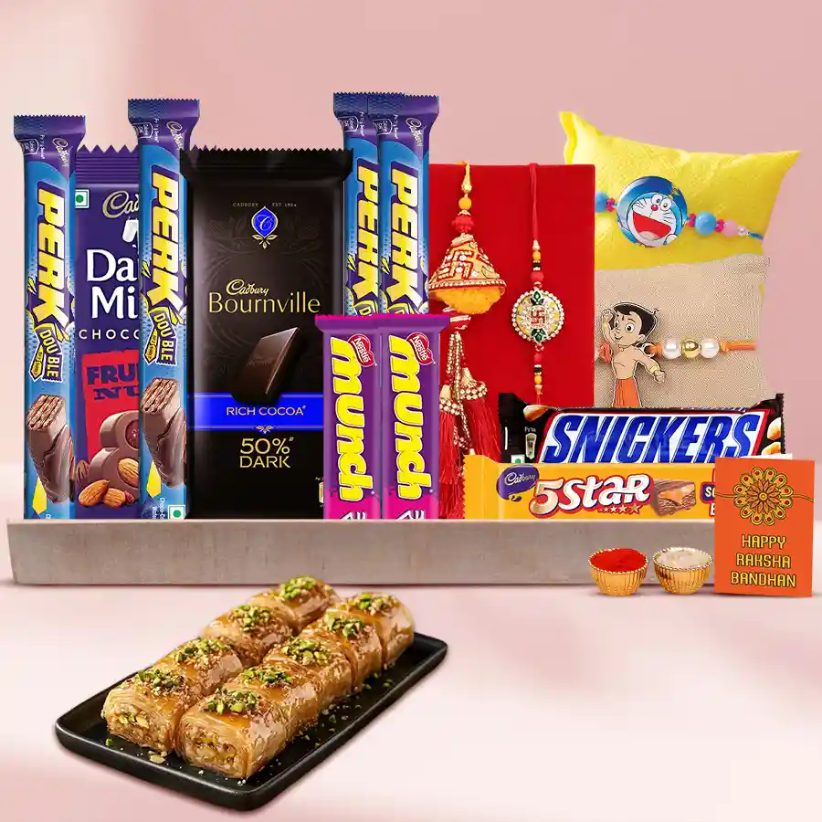 Binge-on Chocolates n Family Rakhi Set in a reusable wooden tray featuring assorted chocolates and a beautiful Family Rakhi, accompanied by Roli, Tika, and Chawal.