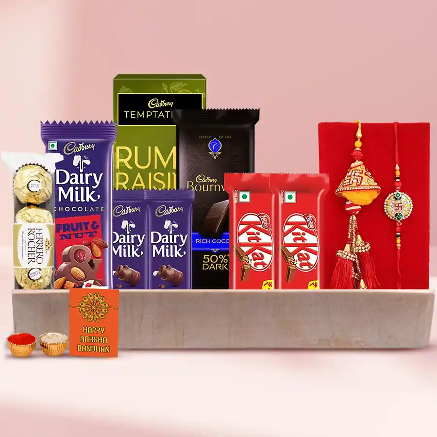 Groovy Chocolate and Rakhi Lumba Set featuring chocolates and a Bhaiya-Bhabhi Rakhi in a decorative box