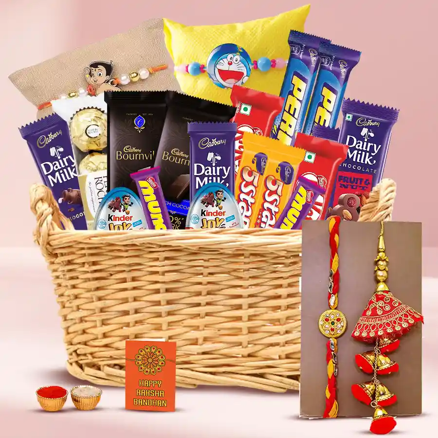 Family Rakhi set with assorted chocolates including Ferrero Rocher, Cadbury Dairy Milk, and Nestle Kit Kat, packaged in a decorative basket with a Rakhi and traditional puja items.
