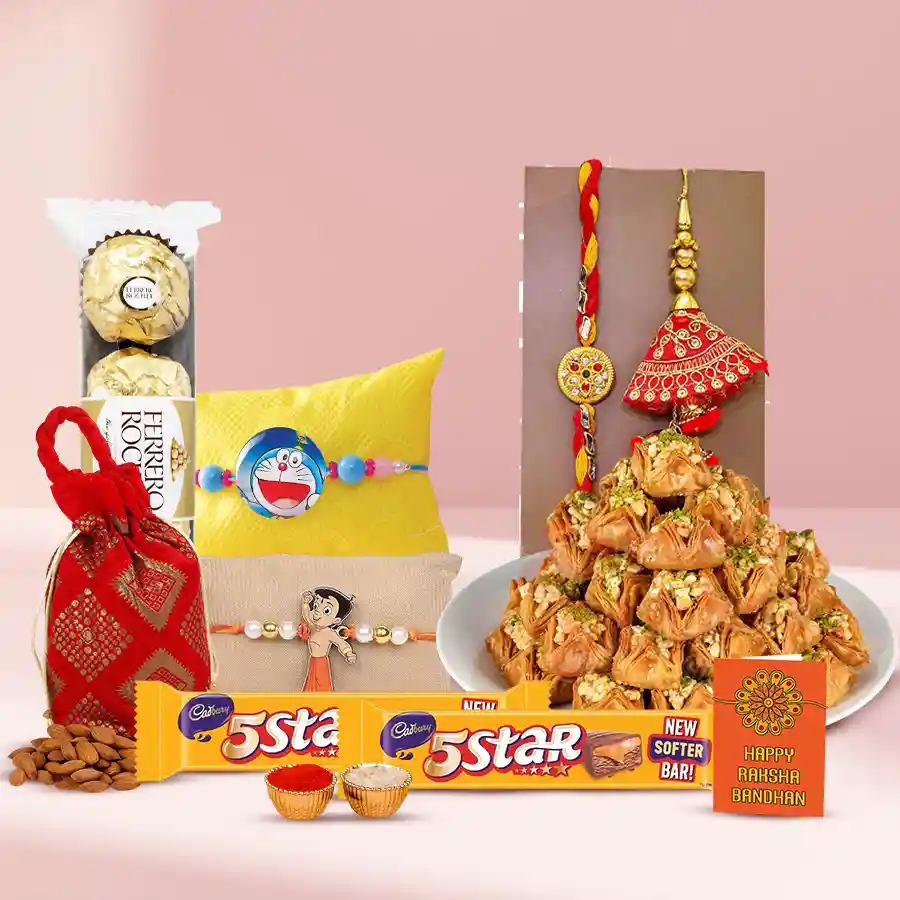 Family Rakhi Sets with chocolates including Ferrero Rochers, Cadbury 5-Star bars, Pyramid Baklawa, and Almond Potli, accompanied by a beautiful Rakhi set and complimentary Roli, Tika, and Chawal.