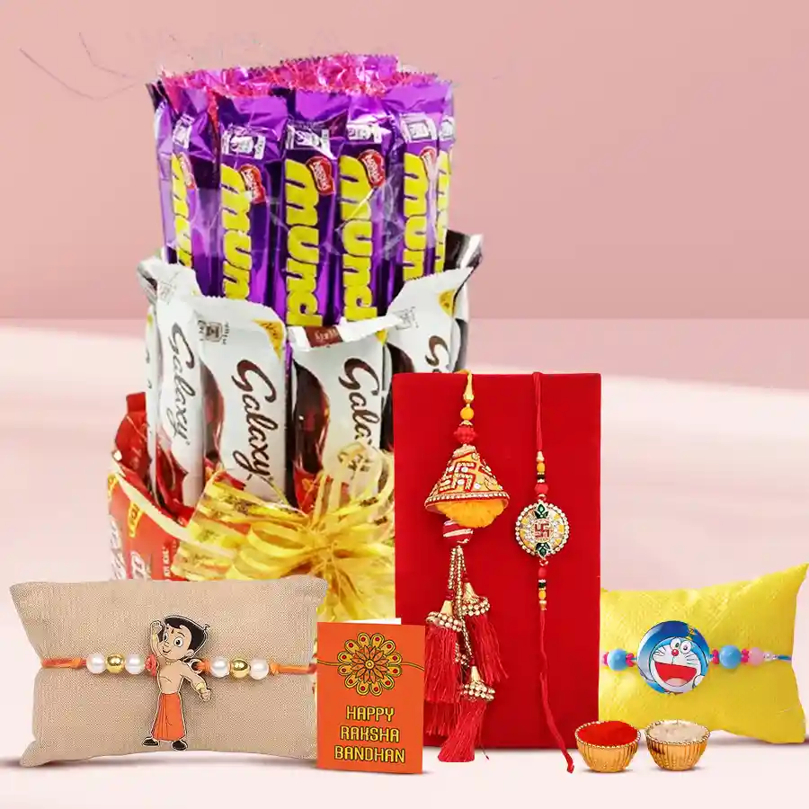 Rakhi set featuring a 4-layer chocolaty tower with assorted chocolates including Munch, Galaxy, Kit Kat, and Nestle Classic, accompanied by a traditional Rakhi, Roli, Tilak, and Chawal.