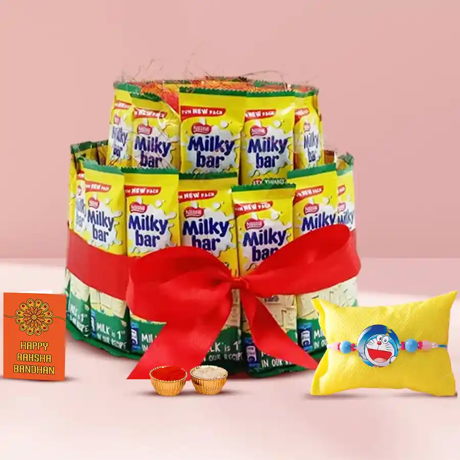 Doraemon Rakhi set with playful bracelet and a bundle of 30 Double Decker Milky Bars, accompanied by Rakhi materials like Roli, Tilak, and Chawal.