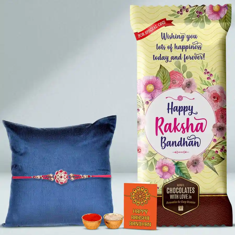 Double Delight Rakhi Package with personalized chocolate bar, premium stone Rakhi, and traditional Roli, Tika, and Chawal.