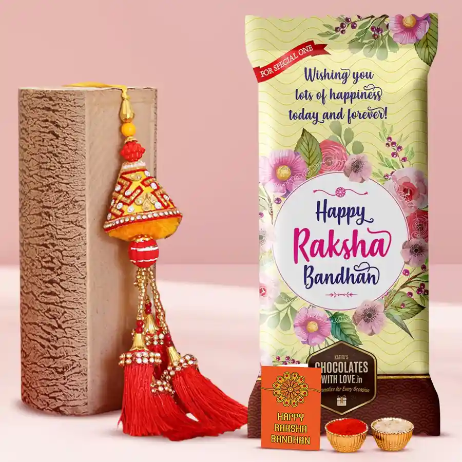 Personalized chocolate bar, Rakhi, and traditional Roli, Tilak, and Chawal for Raksha Bandhan celebration