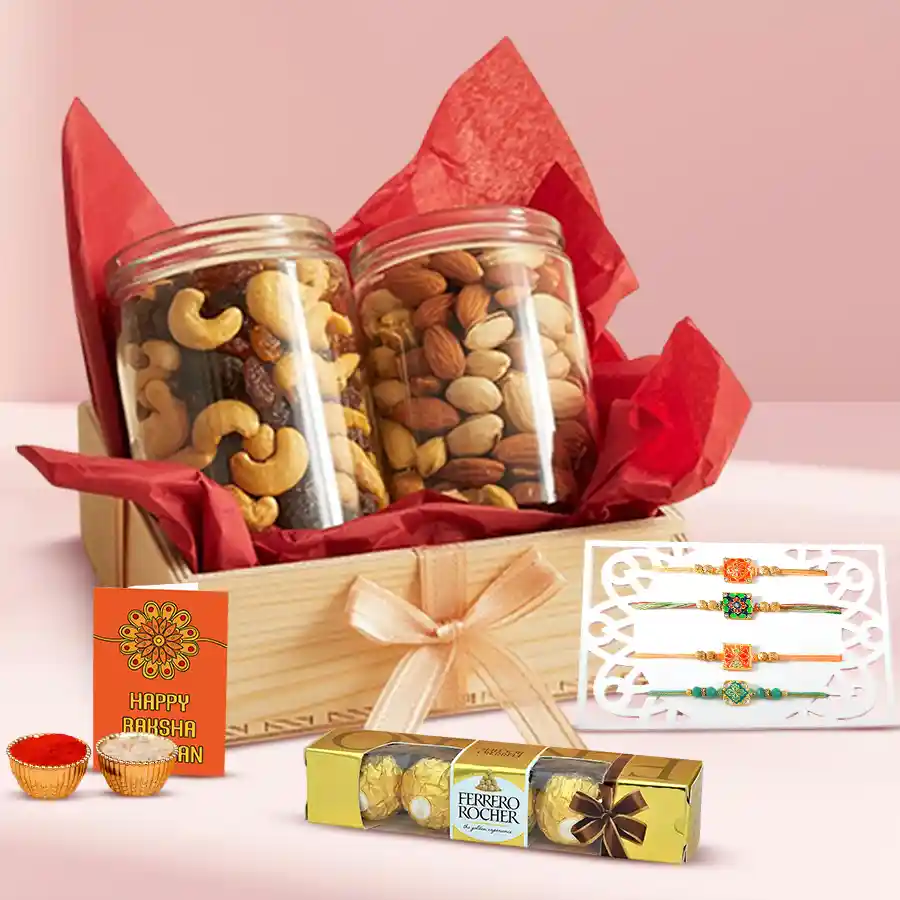 Dry Fruits in Glass Jars for Designer Bhai Rakhi