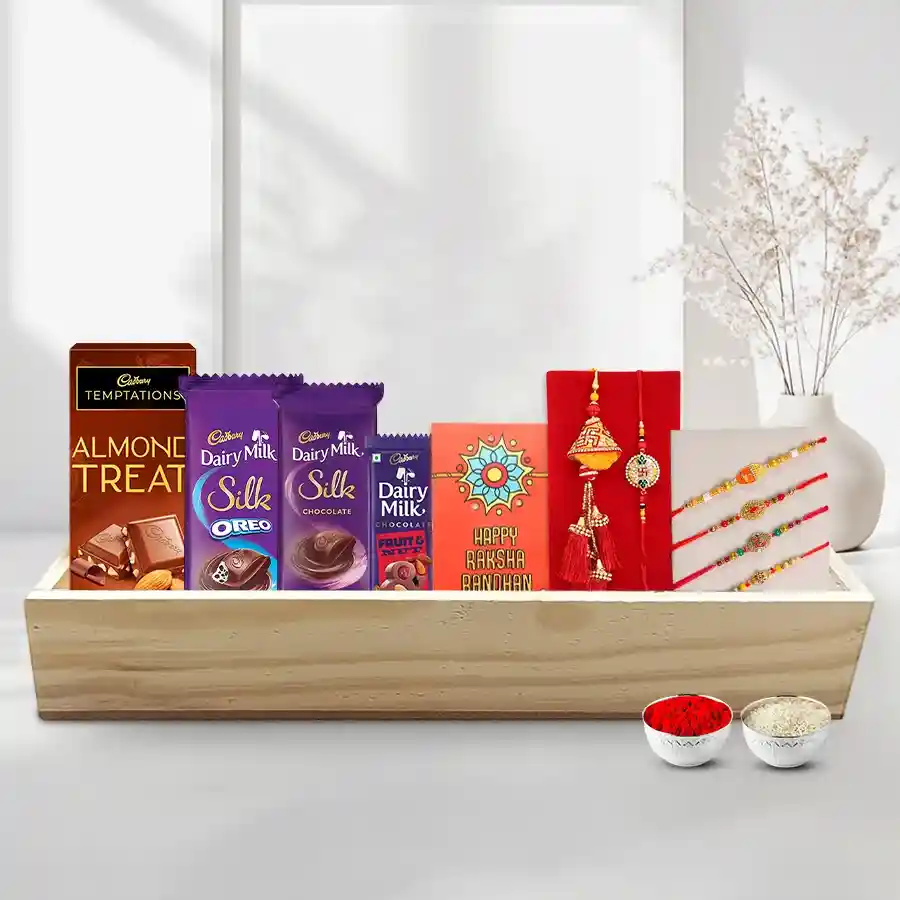 Premium Choco Baskets for Bhai Bahbhi with Fancy Rakhis