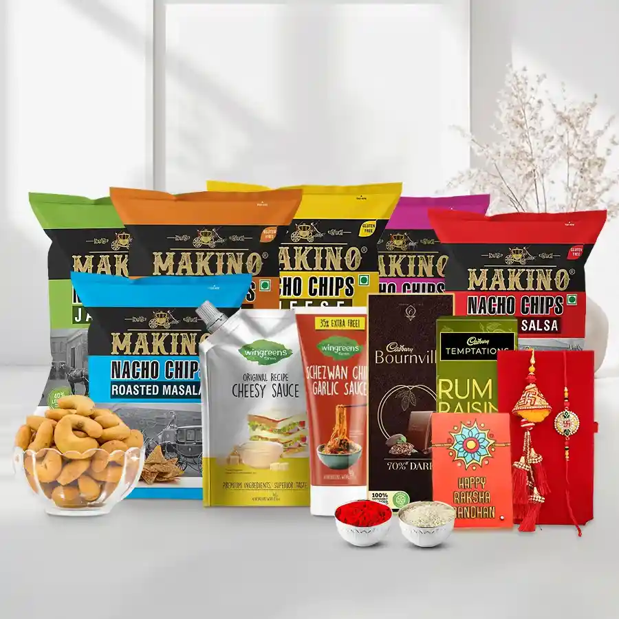 Glorious Chips n Snacks Basket with Bhaiya Bhabhi Rakhi