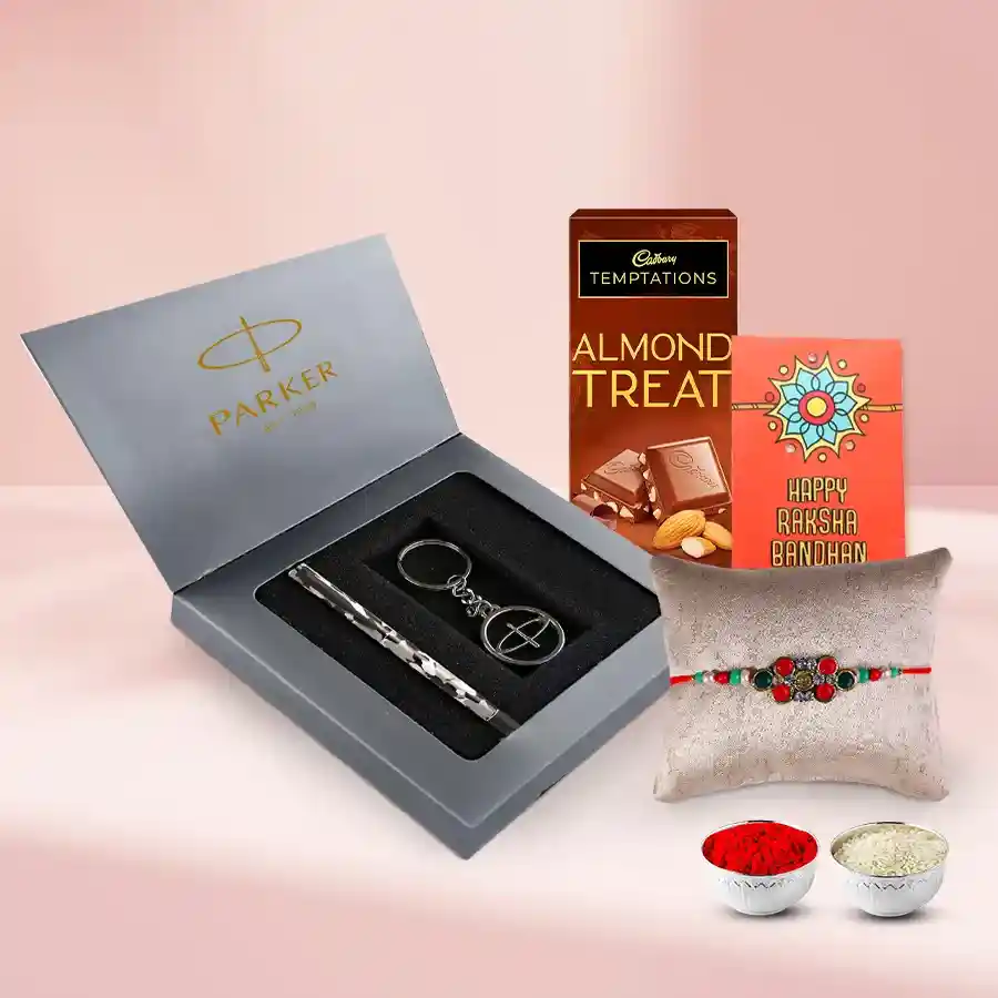 Classy Parker Pen Gift with Stone Rakhi for Bro