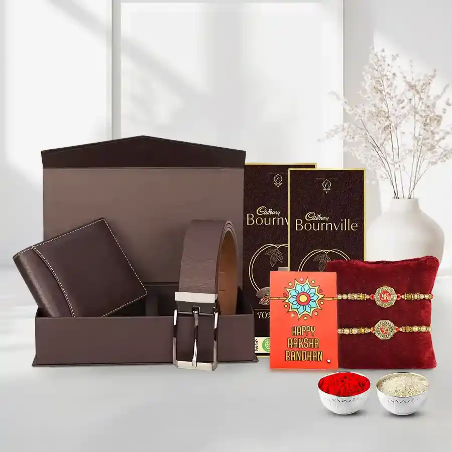 Chic Belt N Wallet Gift Set n Twin Swastik Bro Rakhi