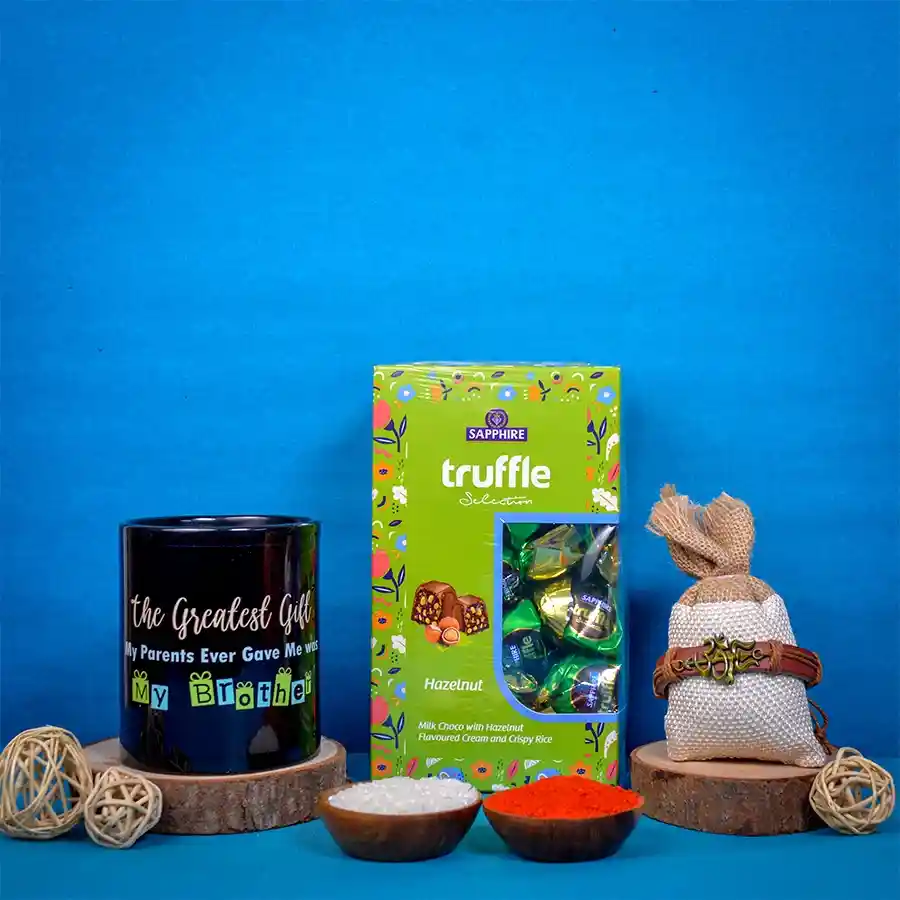 Om Rakhi with Chocolates N Mug for Loving Brother