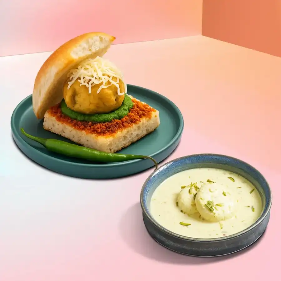Saffron-infused Rasmalai and spicy Vada Pav combo in a gift set.
