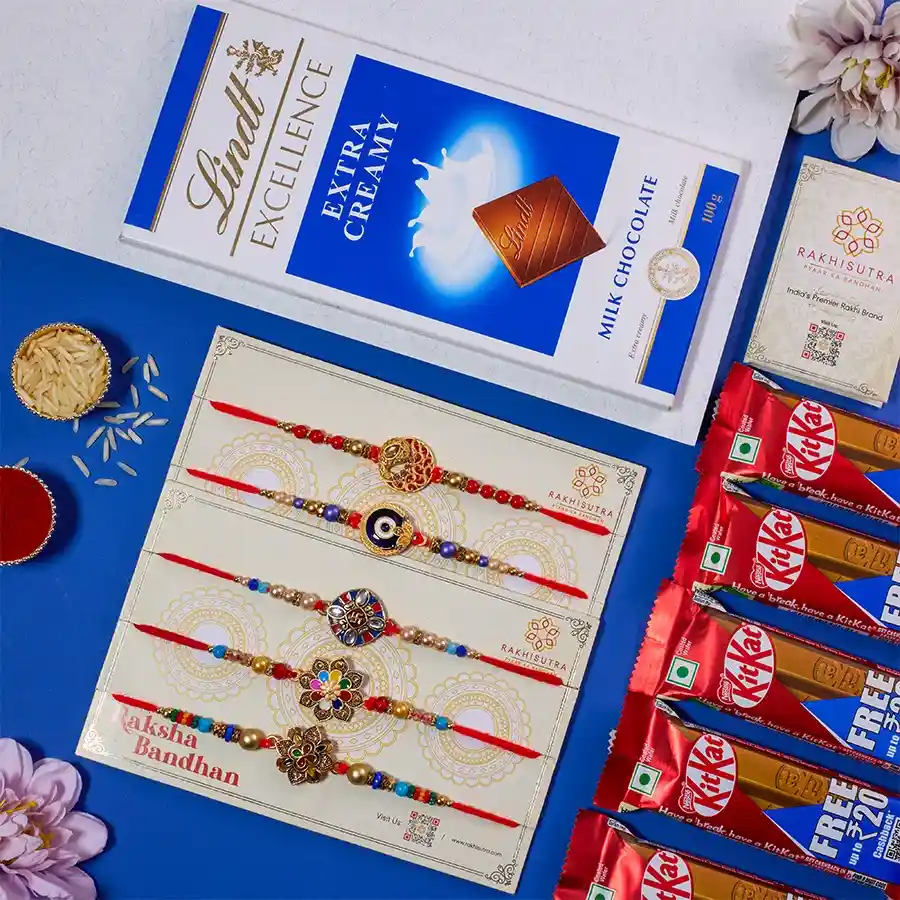 Stylish 5 Rakhi Set N Chocolates Combo