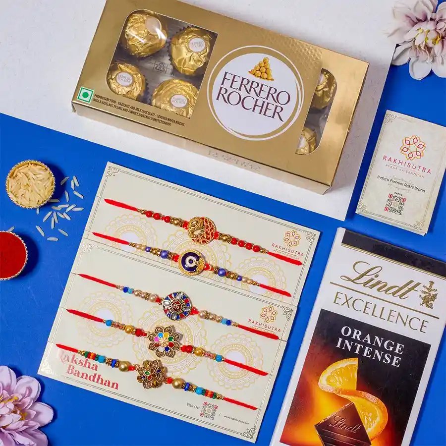 Marvellous 5 Rakhi Set N Chocolates Galore