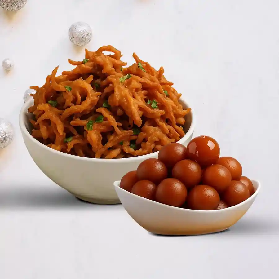 Sweet & Savory Harmony Combo featuring Mini Gulabjamoon and Onion Pakora.