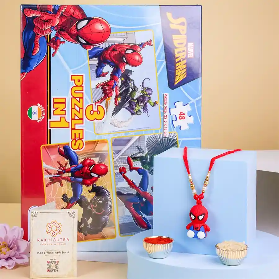 Trendy Spiderman Rakhi N Superhero Puzzle Set