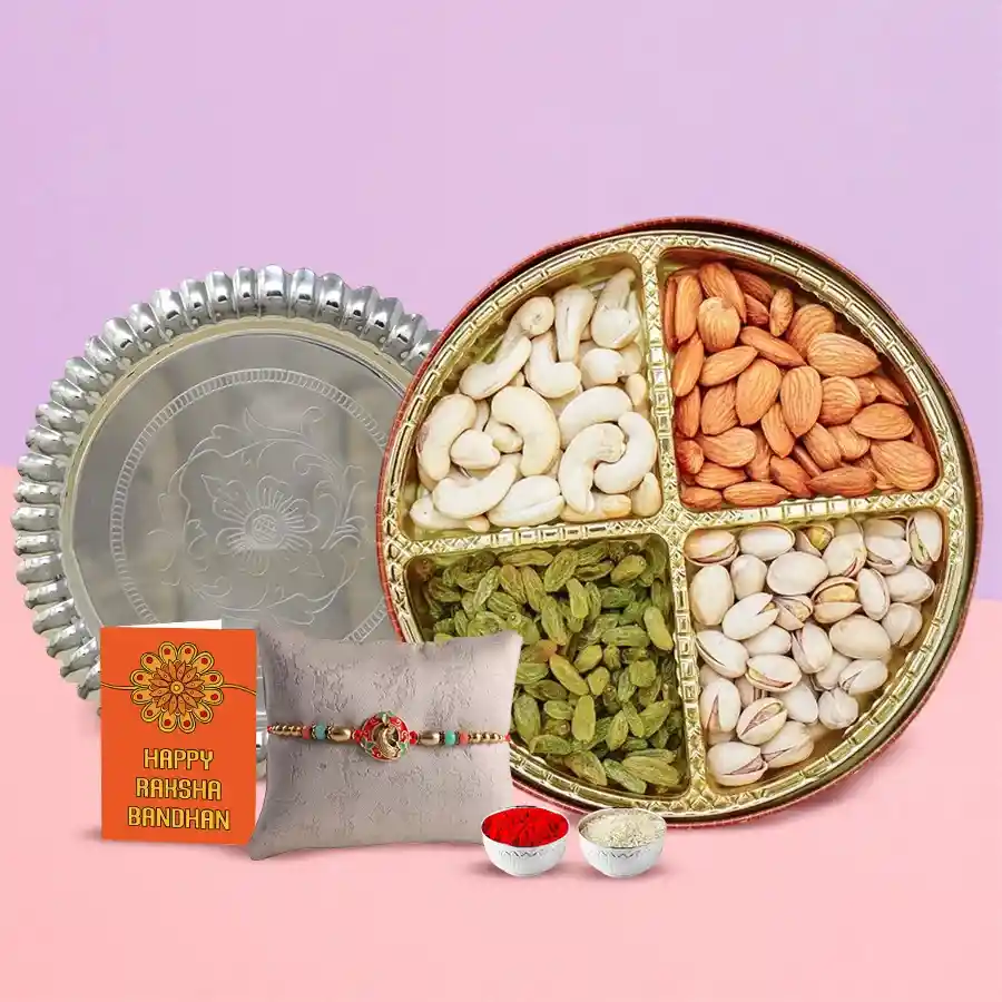 Fascinating Silver Plated Thali Mixed Dry Fruits Rakhi with Festive Look