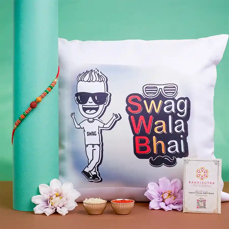 Sacred Rudraksha Rakhi N Printed Cushion Combo