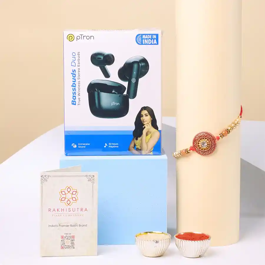 Graceful Kundan Rakhi N Ptron Bassbuds Combo