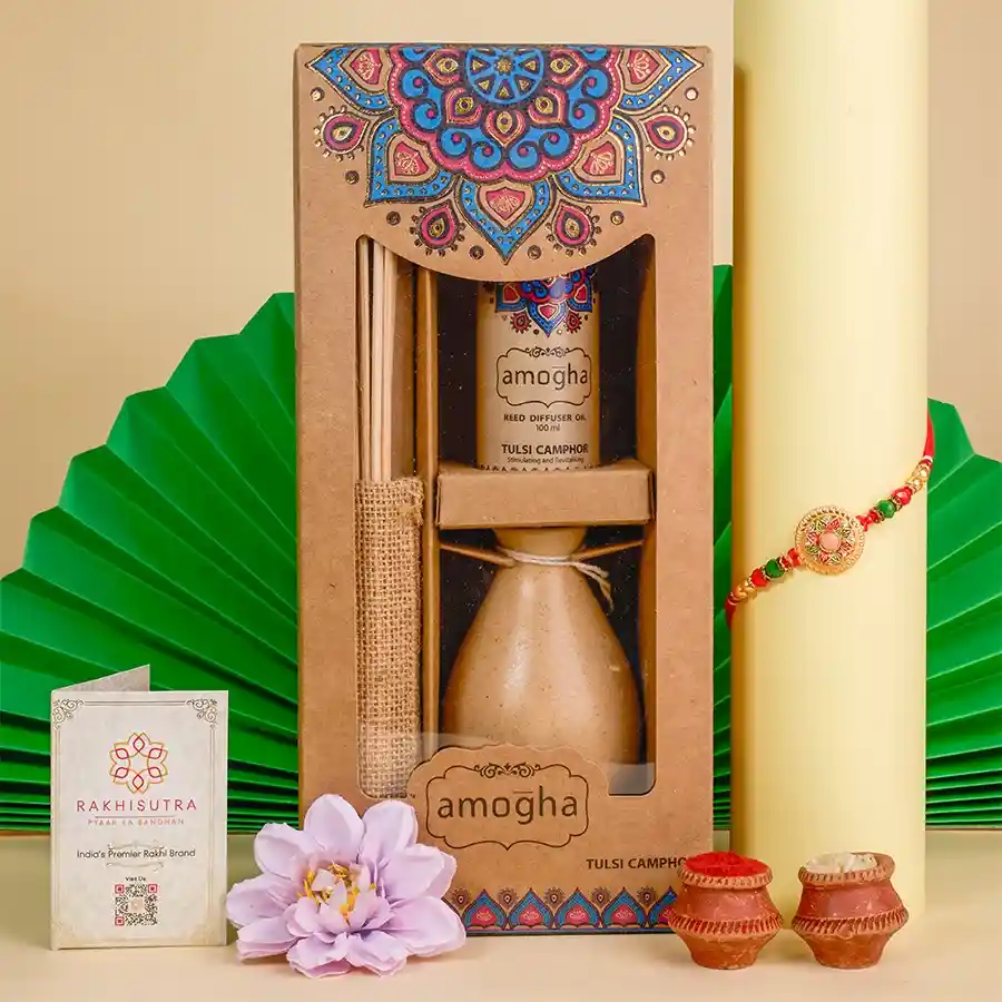 Fancy Kundan Rakhi N Reed Diffuser Gift Combo