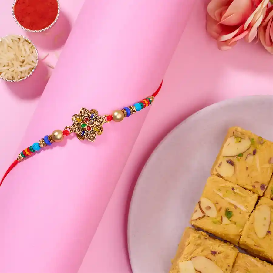 Floral Kundan Rakhi N Soan Papdi Combo