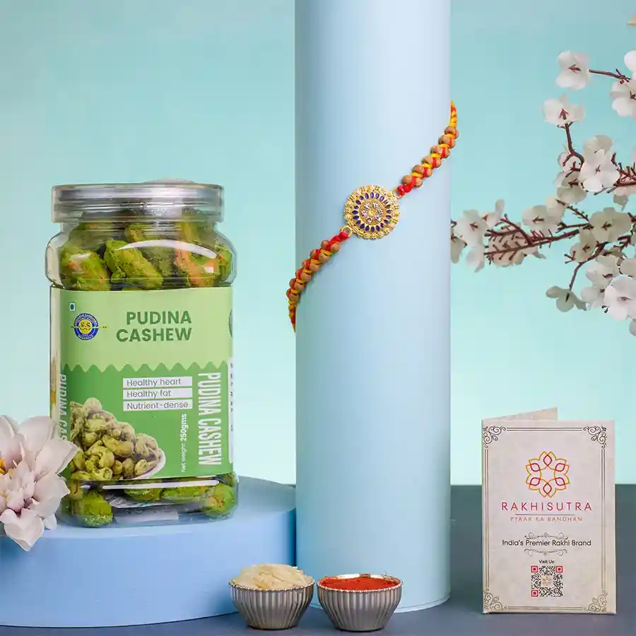 Elegant Kundan Rakhi n Pudina Cashew Combo