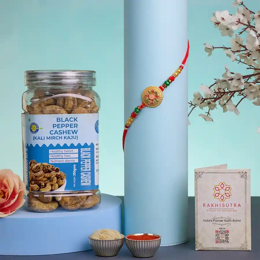 Festive Kundan Rakhi N Peppery Cashew Combo