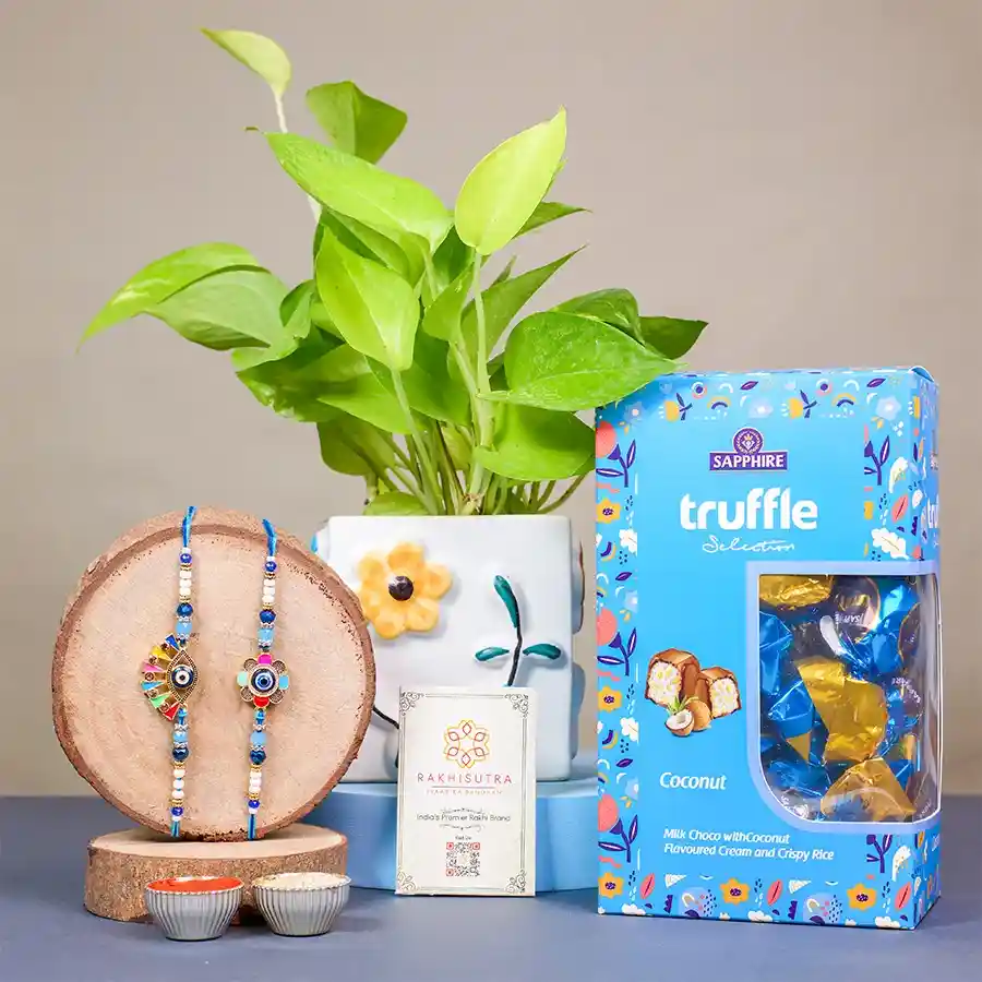 Beautiful Evil Eye Set with Sweet Truffles N Ceramic Pothos