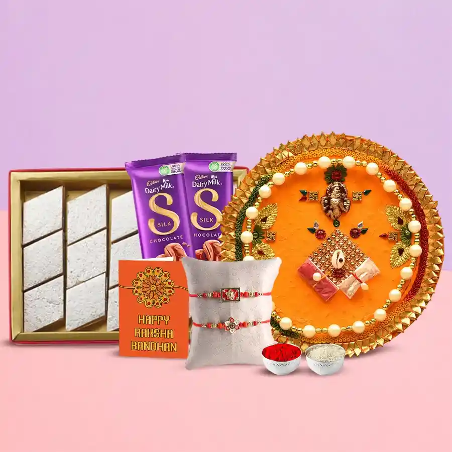 Wonderful Pooja Thali Yummy Kaju Katli Gift E Voucher from Pantaloons with 2 free Rakhi Roli Tilak and Chawal