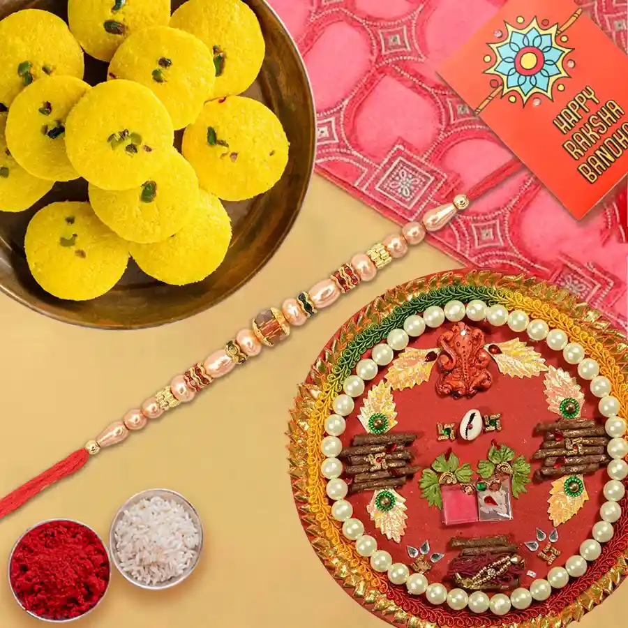 Designer Rakhi Thali with Haldirams Kesaria Peda and Free Rakhi