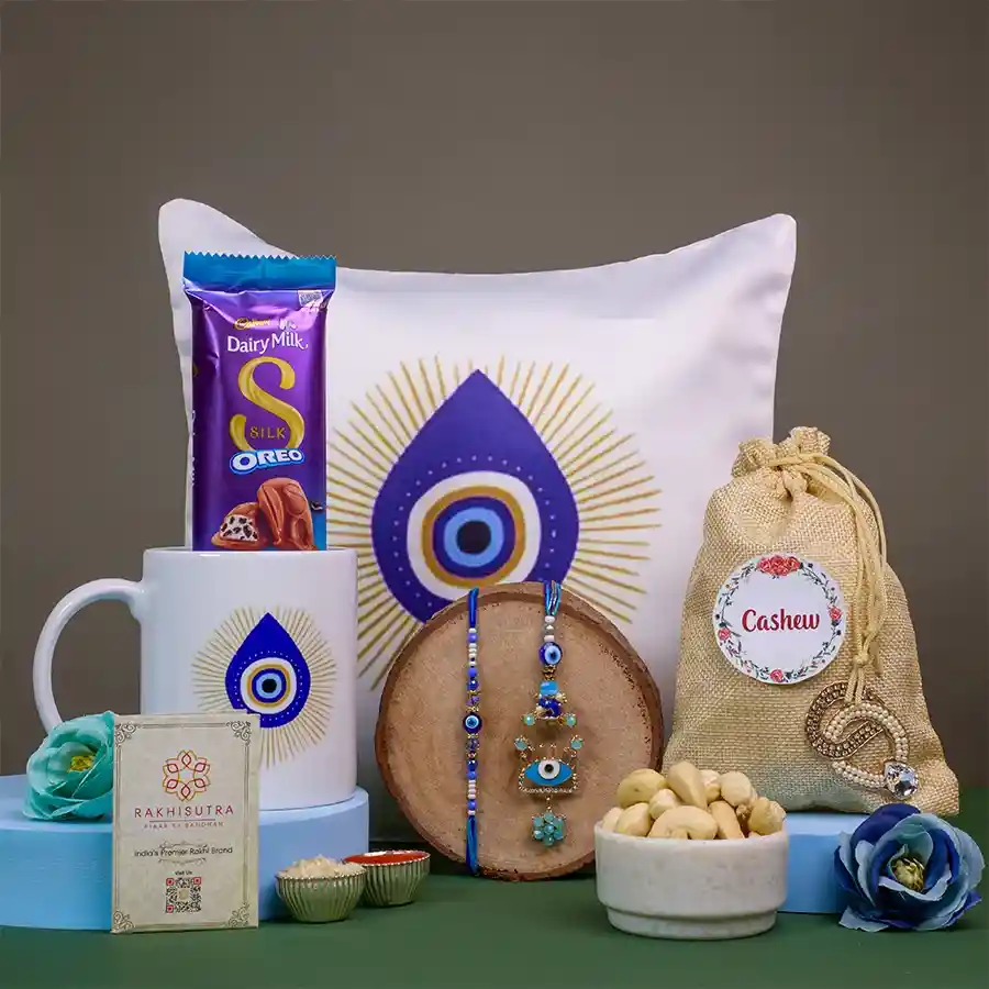 Rakhi Celebration Set with Evil Eye Mug N Cushion
