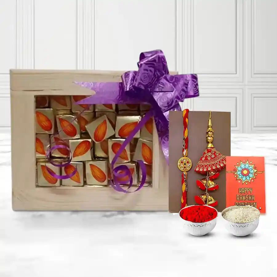 Bhaiya Bhabhi Rakhi with Almond Chocolates n Pooja Thali