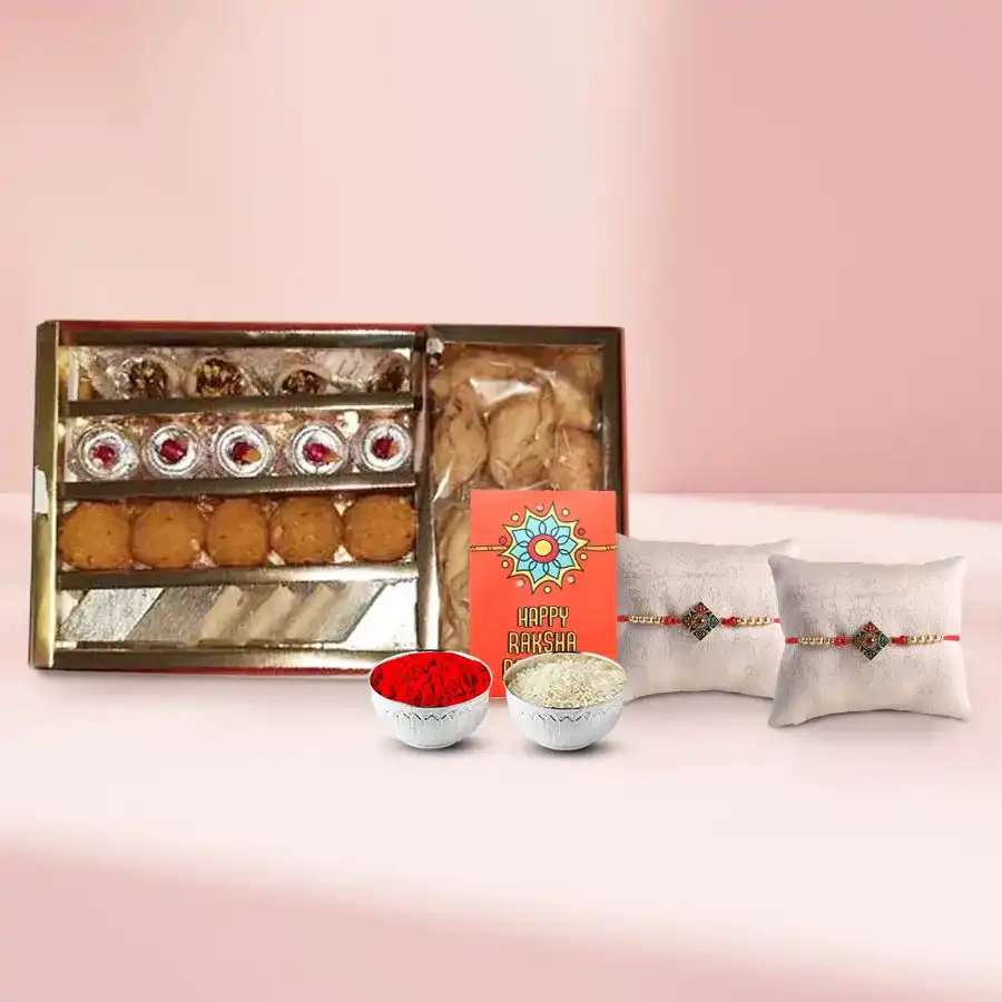 Assorted Sweets n Snacks Pack from Bhikaram Chandmal with 2 Rakhi