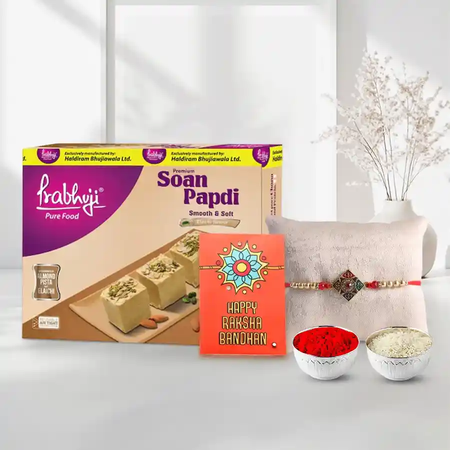 A Nice Rakhi with Soan Papdi 400 Gms from Haldiram and Free Delivery