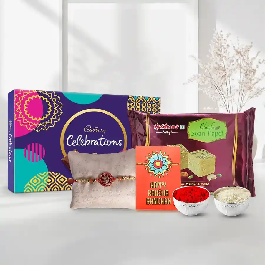 Free Rakhi Roli Tilak and Chawal along with Haldiram Soan Papri and Celebration Chocolates