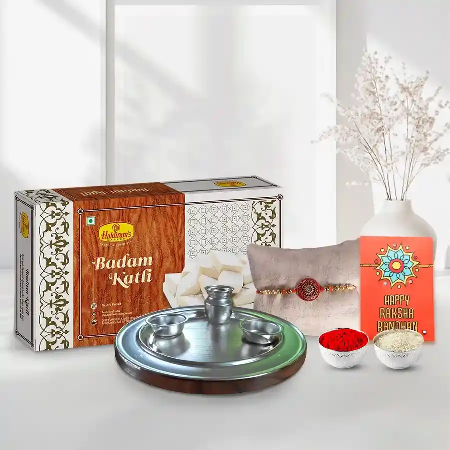Silver Plated Thali having Haldirams Badam Katli and 2 free Rakhi Roli Tilak and Chawal