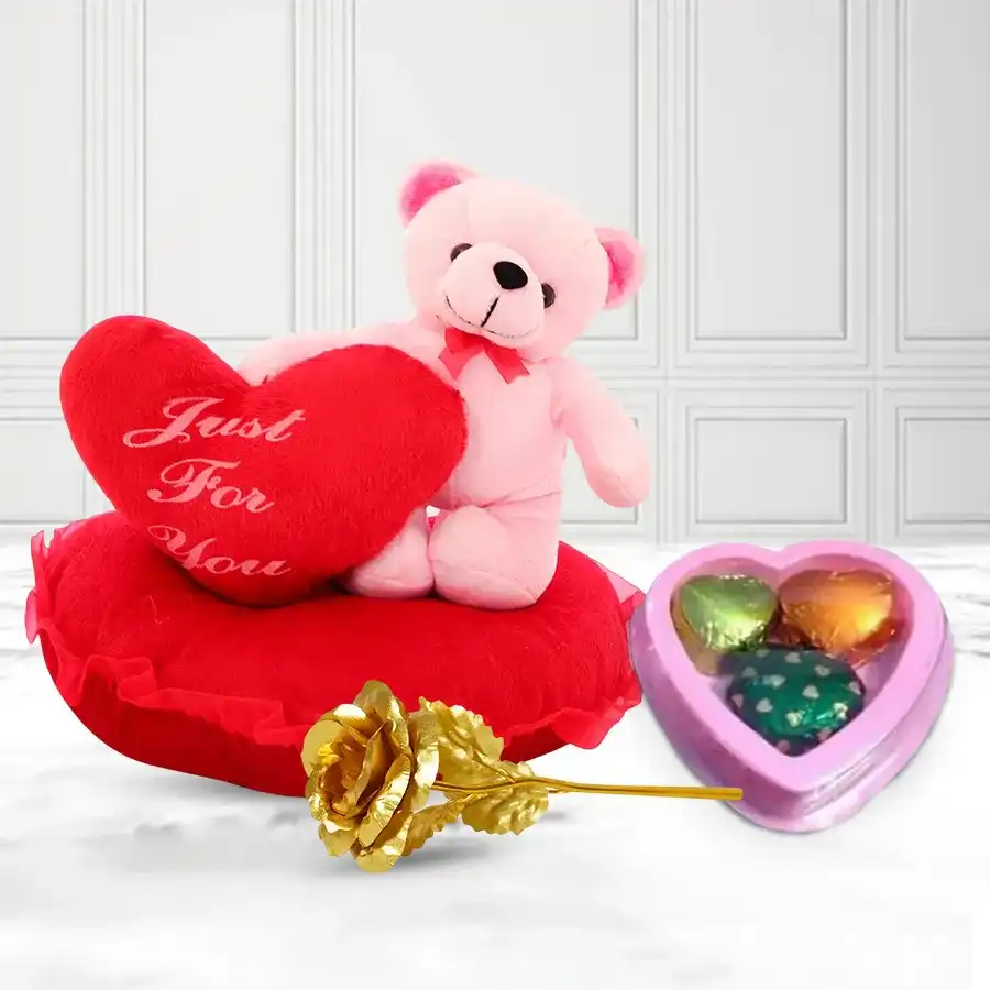 Eye Catching Eric on Heart Love Teddy with a Golden Rose and 3 Pcs Heart Shape Chocolates