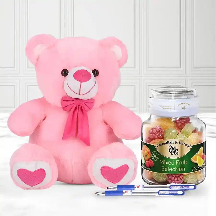 Cute Teddy with 2pcs Ball Point Pen n Cavendish N Harvey Mixed Fruit Selection