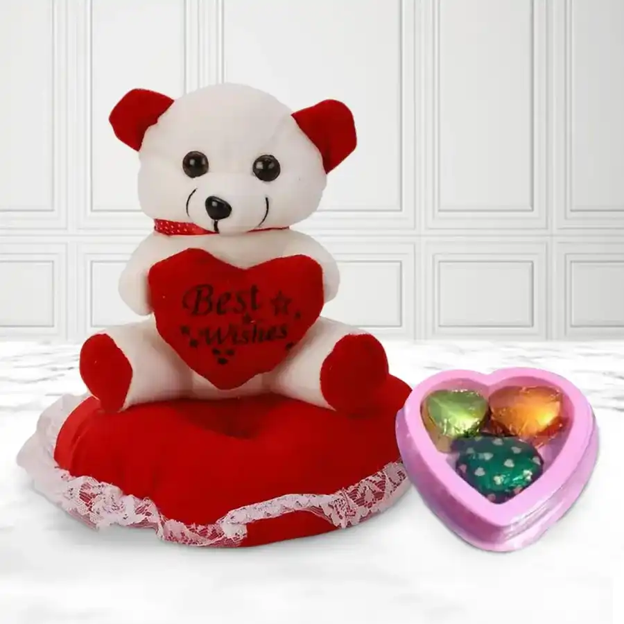 Delightful Teddy Bear with Heart with 3 pcs Heart Homemade Chocolate