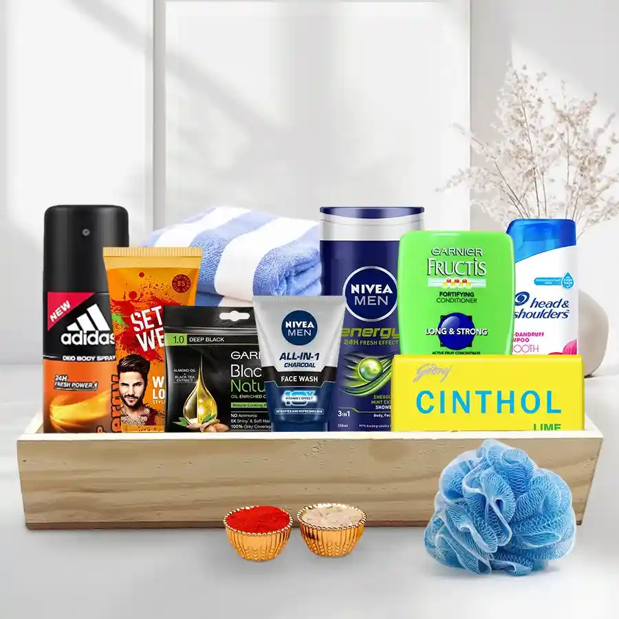 Ultimate Men's Pamper Hamper featuring grooming essentials and cultural gifts.