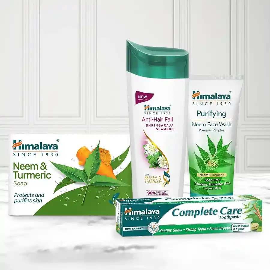 Himalaya Essentials Gift Pack featuring soap, shampoo, toothpaste, and face wash for thoughtful gifting and self-care.