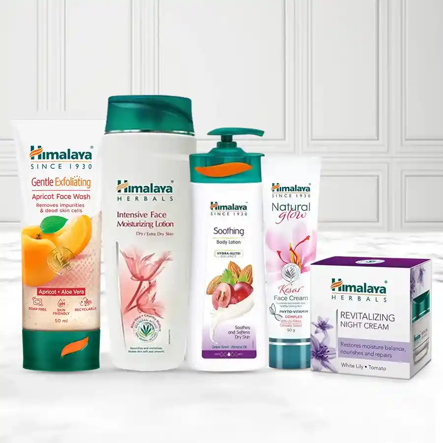 Himalaya Beauty Gift Set featuring body lotion, fairness cream, night cream, face wash cream, and moisturizing lotion for women.