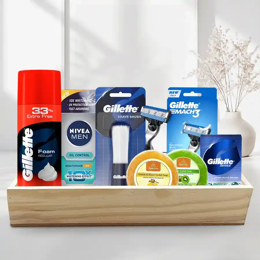 Essential Grooming Hamper for Men featuring skincare and shaving essentials in a wooden tray.