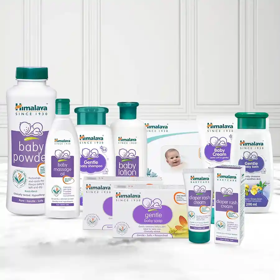 Himalaya Baby Care Gift Set featuring soothing products for infants, including massage oil, powder, wipes, and more for gentle skin care.
