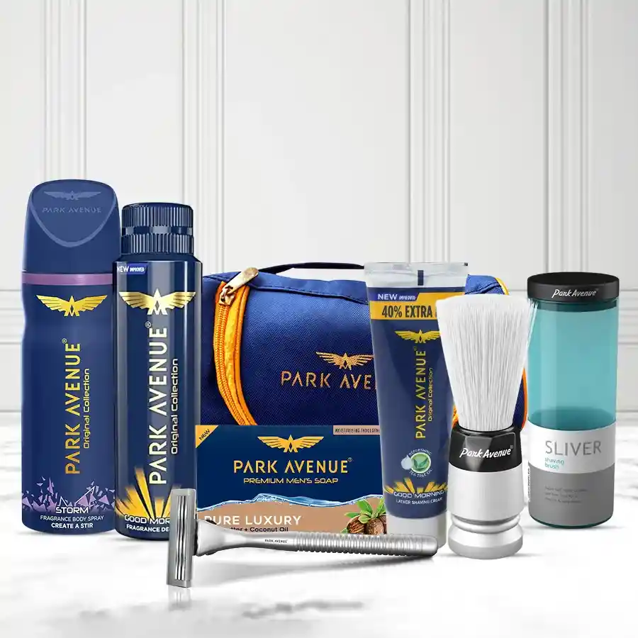 Ultimate Grooming Kit for Him featuring essential grooming items in a stylish travel pouch.